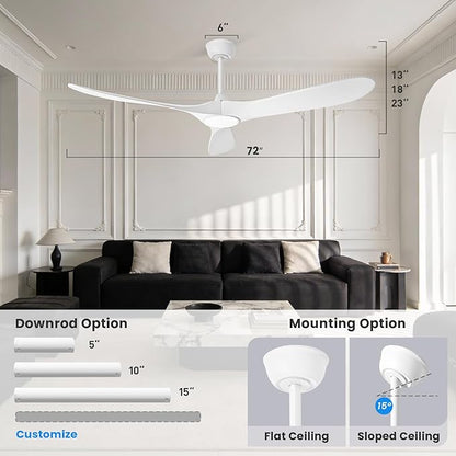 heimo 72 Inch White Ceiling Fan with Light and Remote, Wood Outdoor Ceiling Fans with Lights Dimmable for Bedroom Living Room Patios Proch Office Rustic Extra Large High Cfm Exterior Fan
