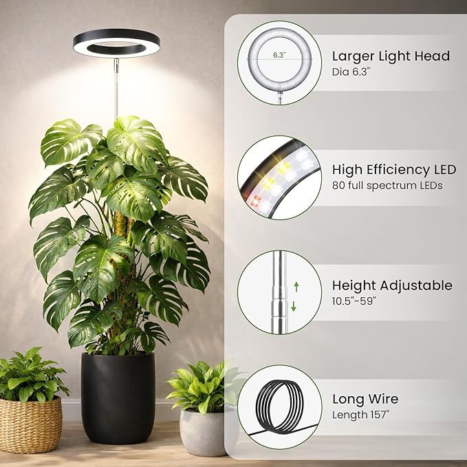 LBW Grow Lights for Indoor Plants, 6.3" Full Spectrum Plant Light with Base, 59" Height Adjustable Grow Lamp, 6/8/12/16H Auto Timer, 3 Colors, 5 Dimmable Levels, for Tall Large Plants, Black, 3 Pack