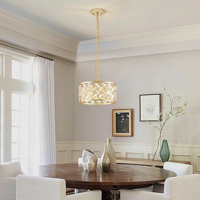 Gold Crystal Chandelier, 3-Light Morden Dining Room Light Fixture,12.4" Small Semi Flush Mount Chandeliers for Kitchen Foryer Entryway Hallway Living Room Bedroom (ETL Listed)