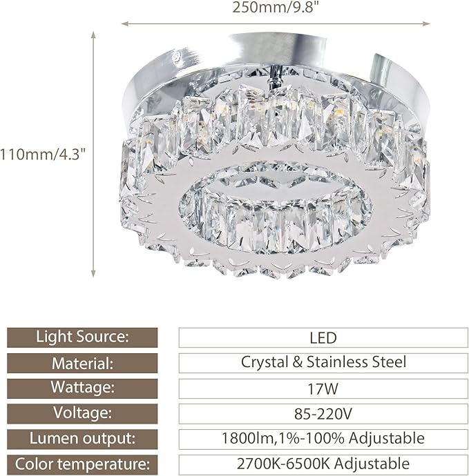 Dimmable LED Crystal Ceiling Light with Remote Mini Round LED Crystal Chandeliers Modern Flush Mount Ceiling Light Fixture Hallway Light Bedroom Bathroom Kitchen Office
