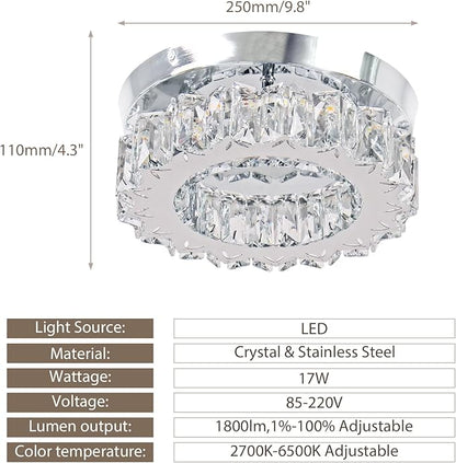 Dimmable LED Crystal Ceiling Light with Remote Mini Round LED Crystal Chandeliers Modern Flush Mount Ceiling Light Fixture Hallway Light Bedroom Bathroom Kitchen Office