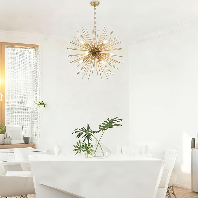 Modern 28.34" Gold Sputnik Chandelier 9-Light Mid-Century Starburst Chandeliers Solid Metal Satellite Firework Urchin Light Fixture for High Ceilings Dining Room Kitchen Living Room, E12