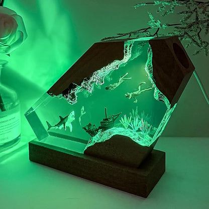 Epoxy Shark Ocean Resin Lamp, Handmade Resin Night Light with USB Port, Multi-Color LED Light, Ideal Home Bedroom Decor, Scuba Diver Gift for Birthday Holiday, Unique Shark Gifts for Him Her (10"x6")