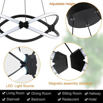 Mayful Modern LED Chandelier,3-Color Dimmable with Remote Control,Black Adjustable Height Pendant Light Fixtures with Circular Ring Shape,Modern Chandeliers for Dining Room Kitchen Island Living Room