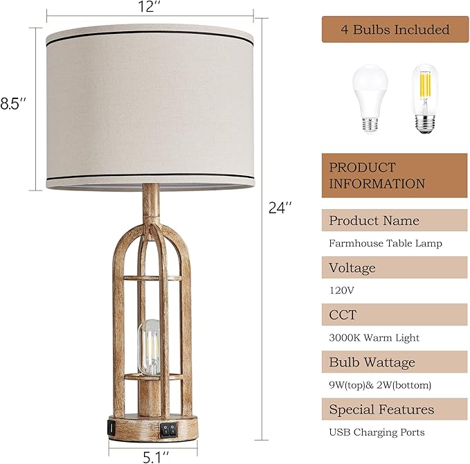 SRJJA Farmhouse Table Lamps for Living Room End Table Set of 2 - Rustic Bedside Lamps for Bedroom Nightstand with Night Light & USB A+C, Bulbs Included
