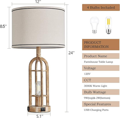 SRJJA Farmhouse Table Lamps for Living Room End Table Set of 2 - Rustic Bedside Lamps for Bedroom Nightstand with Night Light & USB A+C, Bulbs Included