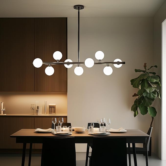 Mid Century Modern Globe Sputnik Chandelier, 9-Light Linear Chandeliers for Dining Room and Kitchen Island, Dining Light Fixture Over Table, Black and Milk White Glass Bubble, 40 Inch