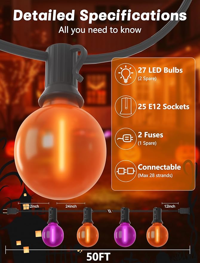 50ft Halloween Outdoor String Lights, G40 LED Halloween Globe Lights with 27 Frosted Orange and Purple Bulbs(2 Spare) for Outdoor Indoor Patio Yard Roofline Decorations, E12 Socket, Black Wire