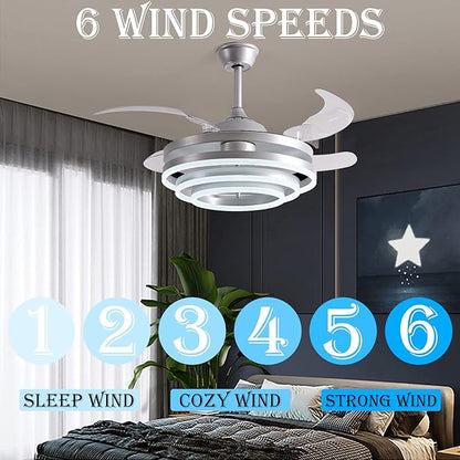 DatingDay 42" Invisible Ceiling Fan Chandelier Light,Modern DIY Ceiling Fan Light Remote Control 4 Retractable ABS Blades for Bedroom Living Dining Room Decoration