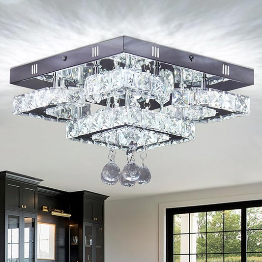 11.8" Modern Crystal Chandelier LED Ceiling Light Fixture Suitable for Kitchen Corridor Hallway Bedroom Bathroom Dining Room 4 Petals/Raindrop Ball Square Wall Switch （White Light）