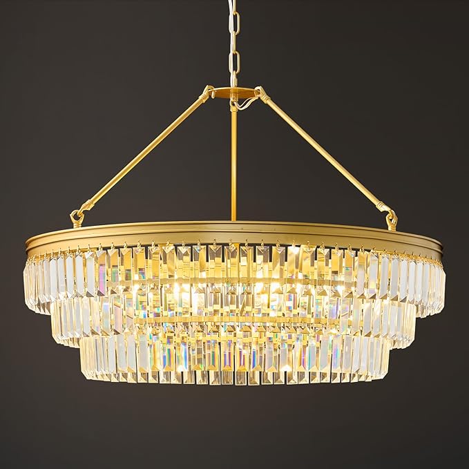 Gold Modern Round Crystal Chandelier: 28" K9 Crystal 6-Light Contemporary Chandeliers for Dining Room Light over Table - 3 Tiers Light for Bedroom Living Kitchen Entryway Foyer E12 Socket Exclude Bulb