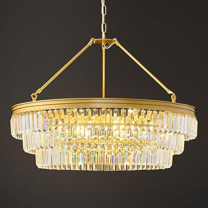Gold Modern Round Crystal Chandelier: 28" K9 Crystal 6-Light Contemporary Chandeliers for Dining Room Light over Table - 3 Tiers Light for Bedroom Living Kitchen Entryway Foyer E12 Socket Exclude Bulb