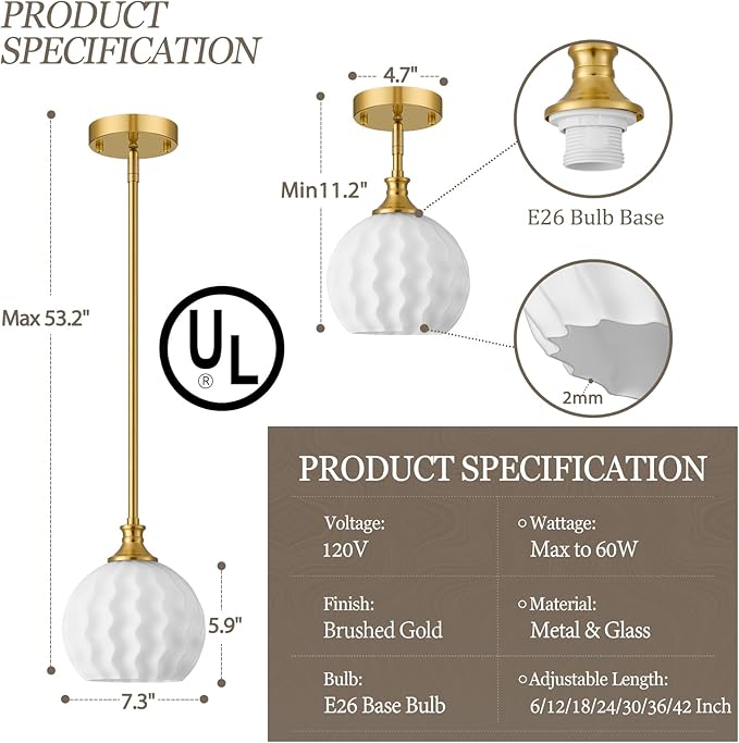Brushed Gold Pendant Lights Kitchen Island 2 Pack, 7.3" Modern Pendant Light Fixtures with Frosted Milk Glass Shade, Globe Hanging Lighting for Kitchen Sink Bathroom Hallway, E26 Base