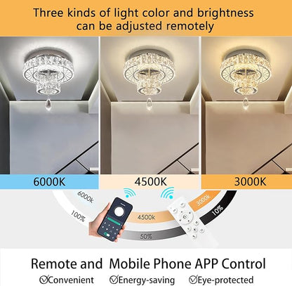 HAIXIANG Modern Glam Ceiling Chandelier Bedroom Light Fixtures Crystal Flat Sloping Ceiling Lights for Hallway Kitchen Dining Room Dimmable Light with Remote Silver
