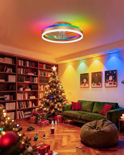 RGB Ceiling Fan with Lights, Low Profile Ceiling Fans with Lights and Remote, Flush Mount LED Fan Light, Modern Bladeless Fandelier for Bedroom Works with APP, 16IN Gold