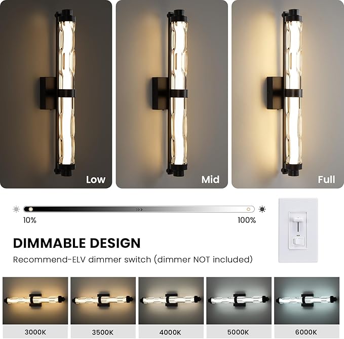 23.6" Black Wall Sconce, Modern Bathroom Vanity Light with Ripple Glass Shade, 5CCT Dimmable LED Wall Lighting 20W for Bedroom, Living Room, Hallway