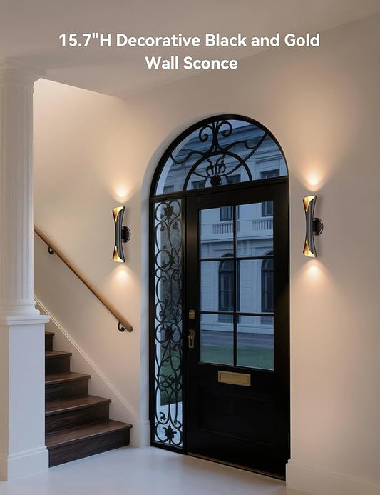Tubicen Wall Sconces Up and Down Dimmable Black and Gold Movie Theater Sconce Lights Hardwired 15.7" H Modern Indoor Decorative Wall Lights for Living Room Bedroom Hallway Stairs