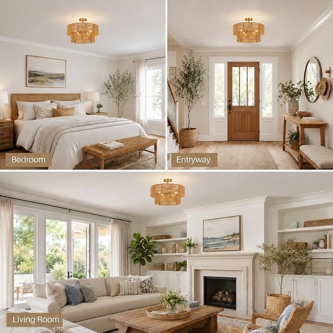 22” Boho 2-Tier Rattan Ceiling Light Fixture, 5-Light Flush Mount Woven Chandelier for Bedroom, Dining Room, Kitchen, Entryway, Living Room, Rustic Gold Lighting