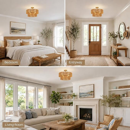 22” Boho 2-Tier Rattan Ceiling Light Fixture, 5-Light Flush Mount Woven Chandelier for Bedroom, Dining Room, Kitchen, Entryway, Living Room, Rustic Gold Lighting