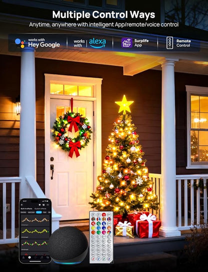 Smart Christmas Fairy Lights, 65.6Ft 200LEDs RGB+IC String Light, APP & Remote Control, with 84 Scenes, Music Mode, Work with Alexa & Google Home, Color Changing Halloween Decor Light for Indoor Tree