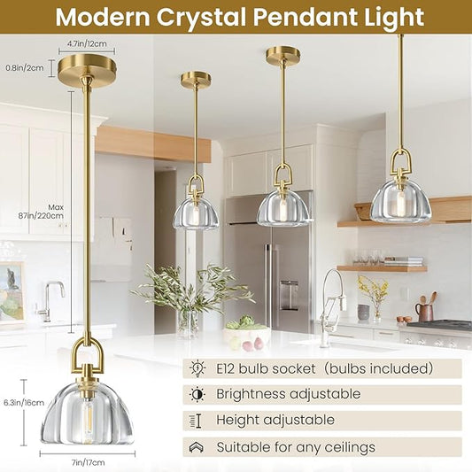 Single K9 Crystal Pendant Light with Brass Rod,7" Dimmable Contemporary Hemispher Light Above Dining Table,Modern Ceiling Hanging Lighting for Bedroom E12 Bulbs Included