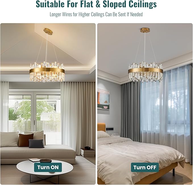 Siljoy Modern Gold Round Crystal Chandelier, 12-Light Luxury 2-Tiers K9 Crystal Raindrop Chandelier, Dimmable Crystal Ceiling Light for Dining Room Living Room Bedroom Foyer D19.7''