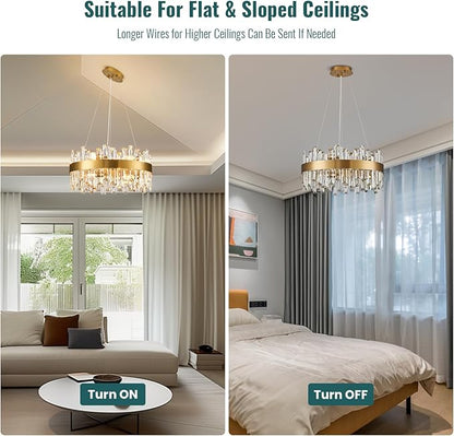Siljoy Modern Gold Round Crystal Chandelier, 12-Light Luxury 2-Tiers K9 Crystal Raindrop Chandelier, Dimmable Crystal Ceiling Light for Dining Room Living Room Bedroom Foyer D19.7''