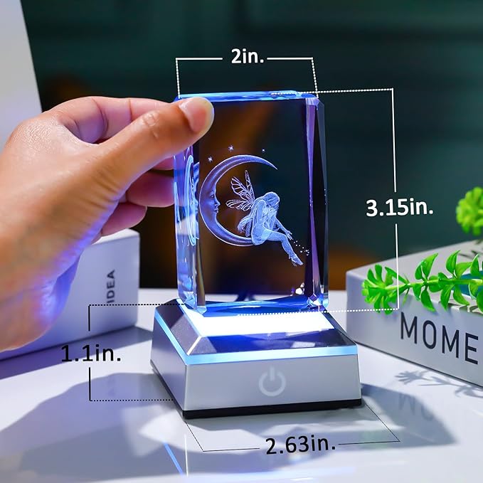 3D Crystal Cube Fairy & Moon Figurines Night Light Room Decor Engraved Glass Fairy Gifts for Girls Adults Women, Collectible Paperweight Statue Ornament