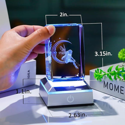 3D Crystal Cube Fairy & Moon Figurines Night Light Room Decor Engraved Glass Fairy Gifts for Girls Adults Women, Collectible Paperweight Statue Ornament
