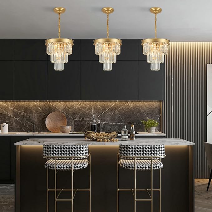 Weesalife Crystal Chandeliers for Dining Room Light Fixtures Over Table，4-Lights Modern Gold Crystal Pendant Lighting Fixture，3 Tiers Small Chandeliers for Kitchen Island Bedroom Entryway D12 Inch