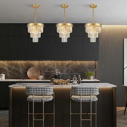 Weesalife Crystal Chandeliers for Dining Room Light Fixtures Over Table，4-Lights Modern Gold Crystal Pendant Lighting Fixture，3 Tiers Small Chandeliers for Kitchen Island Bedroom Entryway D12 Inch