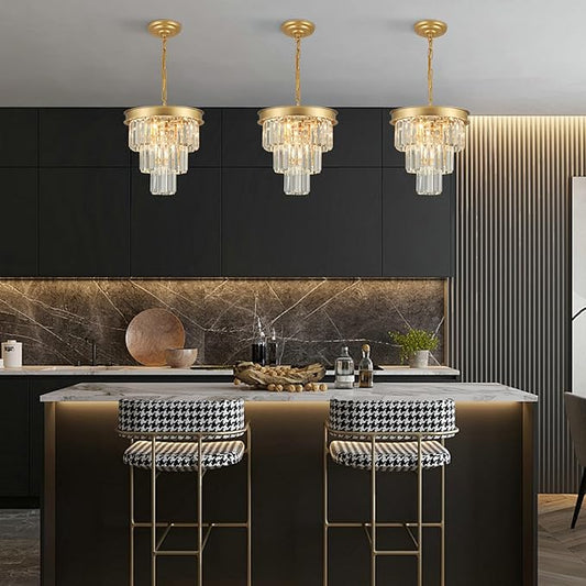 Weesalife Crystal Chandeliers for Dining Room Light Fixtures Over Table，4-Lights Modern Gold Crystal Pendant Lighting Fixture，3 Tiers Small Chandeliers for Kitchen Island Bedroom Entryway D12 Inch