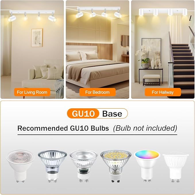 AUQUEE 4 Light Track Lighting Kit,White 4 Way Modern Plug in Ceiling Spotlight,Industrial LED Wall Light for Kitchen Cabinet Gallery Bar Hallway Living Room,Rocker Switch,15 Foot Cord(No Bulb)
