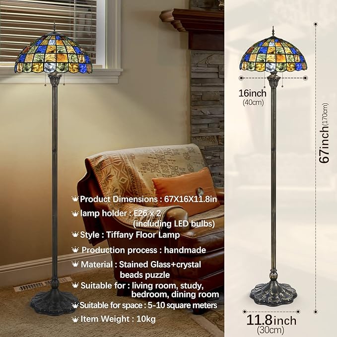 Tiffany Floor Lamp,Crystal Square Style Stained Glass Floor Lamp,Tiffany Style Standing Lamp W16H70 Inch Antique Pole for Living Room, Study,Office Lighting and Reading,Zipper Switch Control