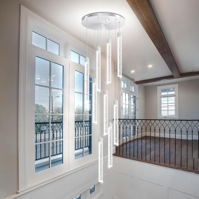 Modern 9-Lights Silver Crystal Column Chandeliers for Entrance Dimmable LED Pendant Lighting Hanging Lights for Dining Room Bedroom Foyer Staircase Living Room