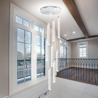 Modern 9-Lights Silver Crystal Column Chandeliers for Entrance Dimmable LED Pendant Lighting Hanging Lights for Dining Room Bedroom Foyer Staircase Living Room