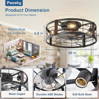 Passky 20" Farmhouse Flush Mount Ceiling Fans with Lights and Remote, Industrial Black Caged Low Profile Fandelier, 6 Speeds Bladeless Ceiling Fan for Bedroom, Kitchen, Living Room