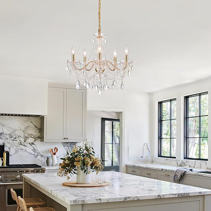 AMZASA Crystal Gold Chandelier, Glass Crystal Hanging Pendant Lighting, 5 Light French Country Gold Crystals Chandelier for Ceiling Medallions,Wedding,Dining,Kitchen, Foyer,Dia 20'' Golden