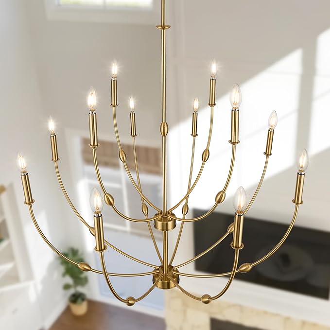 Modern Gold Chandelier, 12- Light Large Chandelier for High Ceilings, 35 inch 2-Tier Candle Style Rustic Hanging Light Fixture for Living Room Foyer Entryway