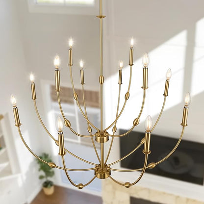 Modern Gold Chandelier, 12- Light Large Chandelier for High Ceilings, 35 inch 2-Tier Candle Style Rustic Hanging Light Fixture for Living Room Foyer Entryway