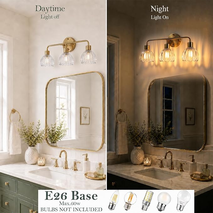 3-Light Gold Brass Bathroom Light Fixture with Clear Tulip Glass Shade,Wall Sconces,Vintage Vanlity Light Over Mirror,Bathroom Wall Light,E26 Socket(Bulbs Not Included)