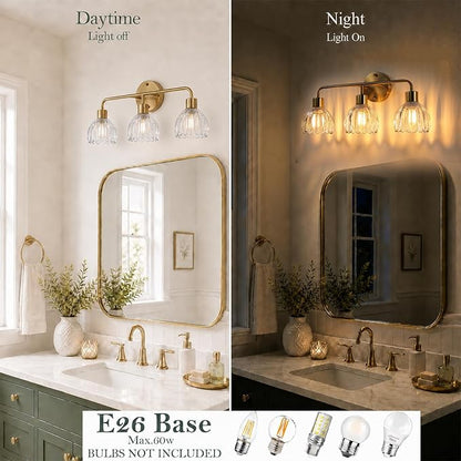 3-Light Gold Brass Bathroom Light Fixture with Clear Tulip Glass Shade,Wall Sconces,Vintage Vanlity Light Over Mirror,Bathroom Wall Light,E26 Socket(Bulbs Not Included)