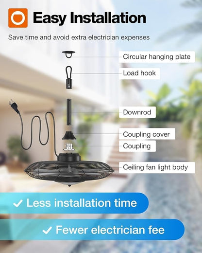 addlon Outdoor Ceiling Fan with Light for Patios, 20 inch Black Waterproof Gazebo Fan with Remote&APP Control, Reversible, Dimmable, Plug in Hook Mount Portable Fan for Garage Pergola Porch Canopy