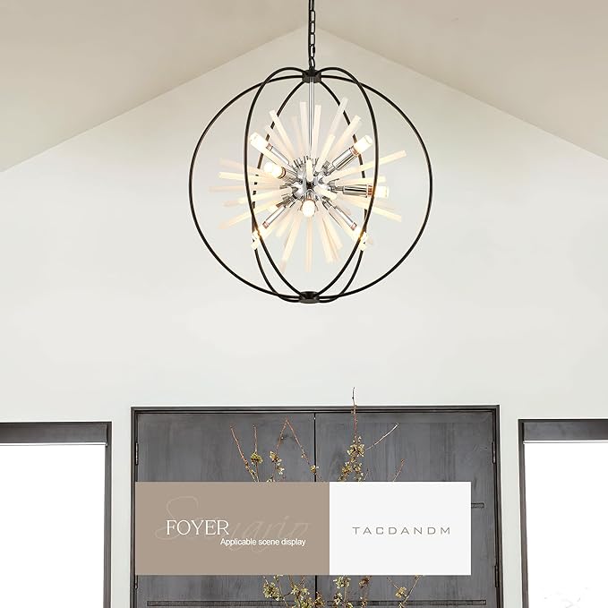 23.6" Black Chrome 9-Light Globe Sputnik Chandelier Modern Adjustable Hanging Ceiling Glass Tube Pendant Light Fixture for Entryway Foyer Staircase Dining Living Room Hallway