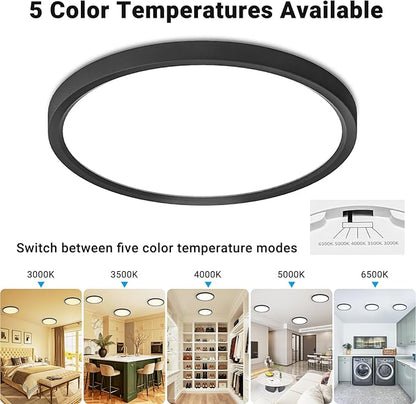 2 Pack LED Flush Mount Ceiling Light,7Inch 15W,3000K/3500K/4000K/5000K/6500K 5 Color Temperatures Ceiling Light Fixture for Kitchen Porch Hallway Bedroom Bathroom and Closet,Black