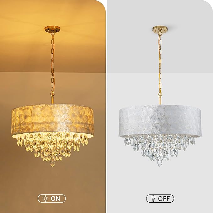 X-Large 6-Light Drum Capiz Shell K9 Crystal Chandelier, Coastal Style Pendant Light Fixture for Dining Room, Living Room, D24 * H24~70 Inch (Adjustable), Clear Crystal & Brass Finish