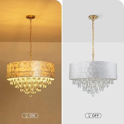 X-Large 6-Light Drum Capiz Shell K9 Crystal Chandelier, Coastal Style Pendant Light Fixture for Dining Room, Living Room, D24 * H24~70 Inch (Adjustable), Clear Crystal & Brass Finish