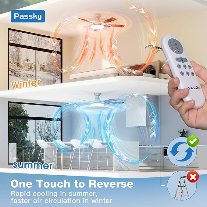 Passky Ceiling Fans with Lights, 52 inch Flush Mount Ceiling fan with Remote Control, Low Profile Silver Ceiling Fan for Bedroom, Farmhouse, Reversible, 3CCT, Dimmable, Noiseless DC Motor