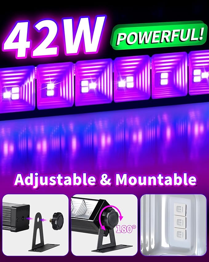42W Black Light Bar for Glow Party, Blacklights with 6ft Cord, Plug, and Switch for Glow Party, Stage Lighting, Neon Party, Halloween Decorations, 2 Pack