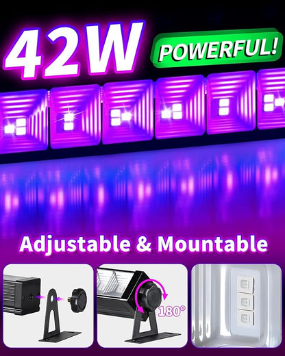42W Black Light Bar for Glow Party, Blacklights with 6ft Cord, Plug, and Switch for Glow Party, Stage Lighting, Neon Party, Halloween Decorations, 2 Pack